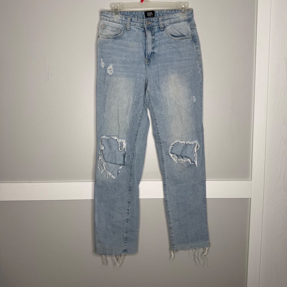 Simple Society Distressed‎ Straight Leg Jeans Women 5/27 Light Blue Raw Hem